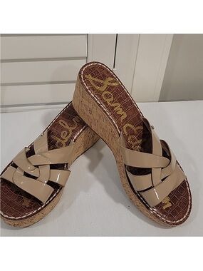 SAM EDELMAN Nude Raynere Patent Leather Cork Wedge Slip On Sandals